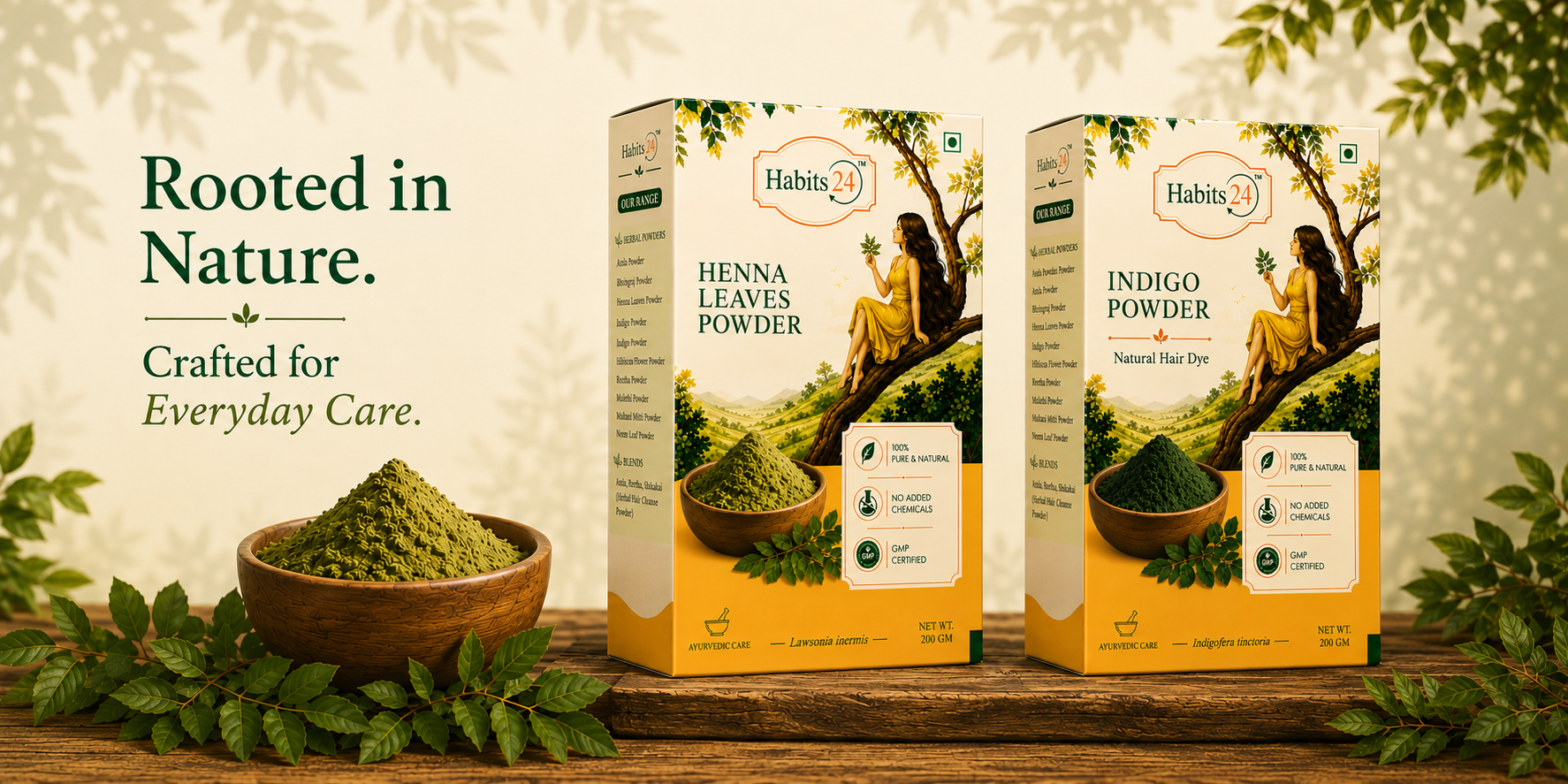 Rooted in Nature. Crafted for Everyday Care. Habits24 Henna Leaves Powder and Indigo Powder